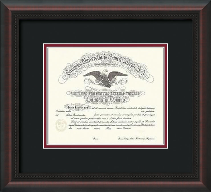 Image of Saint Joseph's University Diploma Frame - Mahogany Braid - No Embossing - Black on Crimson mat