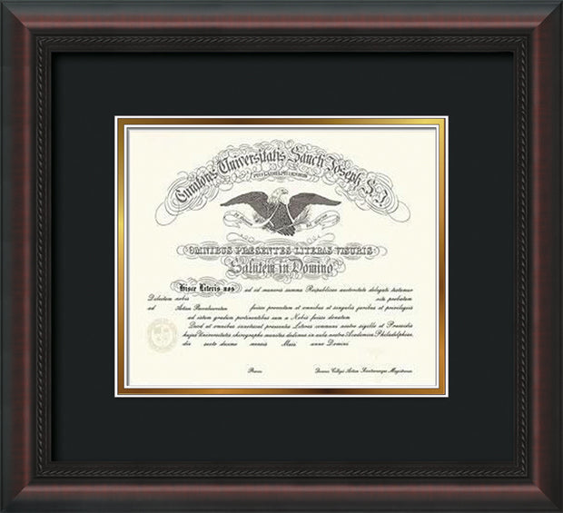 Image of Saint Joseph's University Diploma Frame - Mahogany Braid - No Embossing - Black on Gold mat