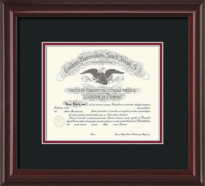 Image of Saint Joseph's University Diploma Frame - Mahogany Lacquer - No Embossing - Black on Crimson mat