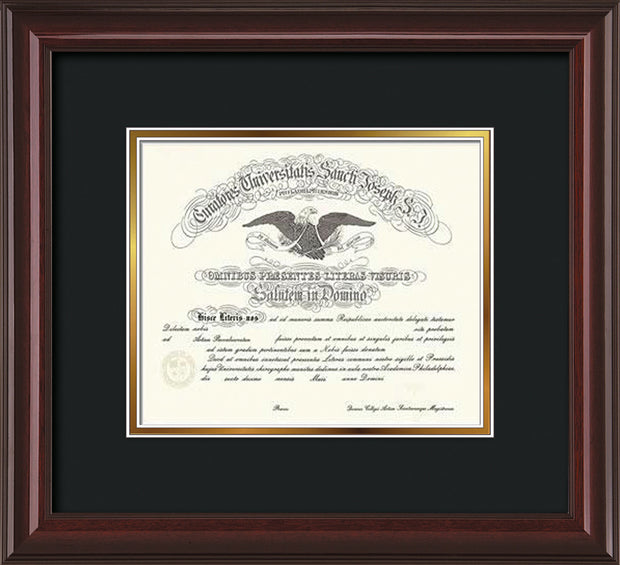 Image of Saint Joseph's University Diploma Frame - Mahogany Lacquer - No Embossing - Black on Gold mat