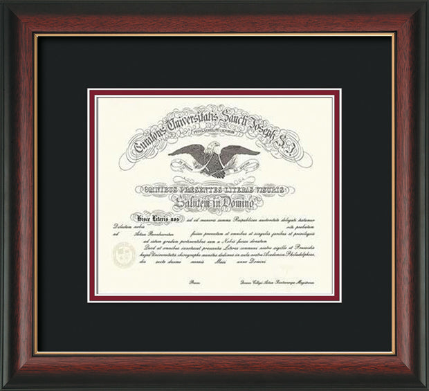 Image of Saint Joseph's University Diploma Frame - Rosewood w/Gold Lip - No Embossing - Black on Crimson mat