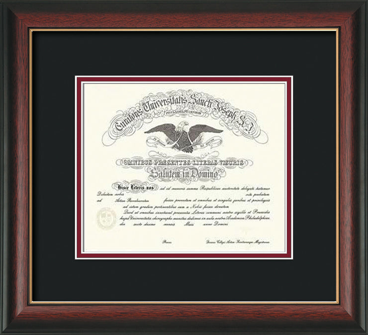 Image of Saint Joseph's University Diploma Frame - Rosewood w/Gold Lip - No Embossing - Black on Crimson mat