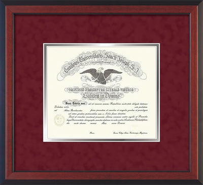 Image of Saint Joseph's University Diploma Frame - Cherry Reverse - No Embossing - Crimson Suede on Silver mat