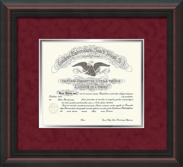 Image of Saint Joseph's University Diploma Frame - Mahogany Braid - No Embossing - Crimson Suede on Silver mat
