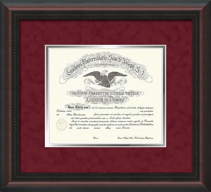 Image of Saint Joseph's University Diploma Frame - Mahogany Braid - No Embossing - Crimson Suede on Silver mat