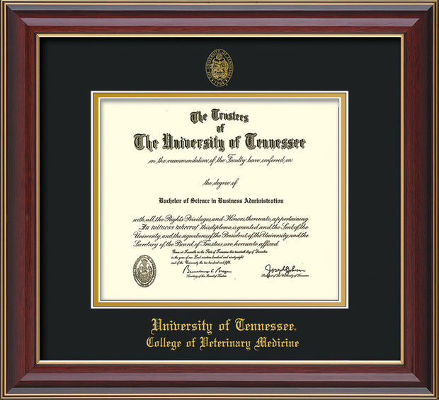Image of University of Tennessee Diploma Frame - Cherry Lacquer - w/UT Seal & College of Veterinary Medicine Name Embossing - Black on Gold Mat