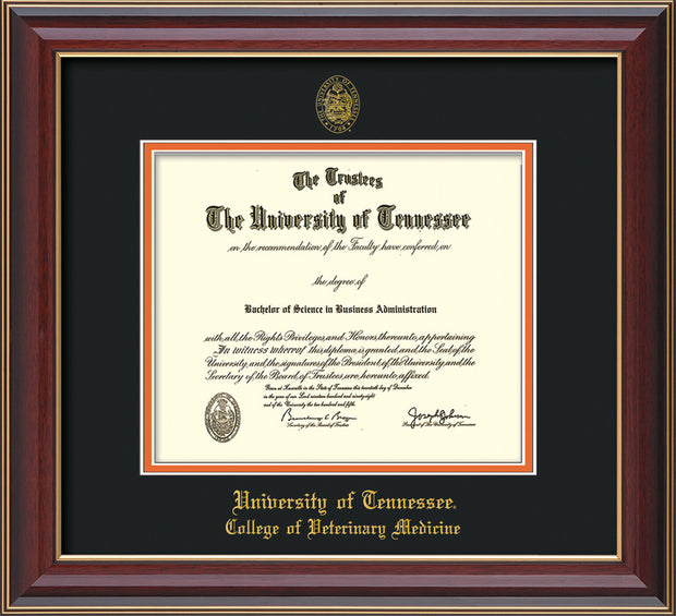 Image of University of Tennessee Diploma Frame - Cherry Lacquer - w/UT Seal & College of Veterinary Medicine Name Embossing - Black on Orange Mat