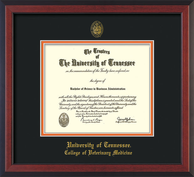 Image of University of Tennessee Diploma Frame - Cherry Reverse - w/UT Seal & College of Veterinary Medicine Name Embossing - Black on Orange Mat