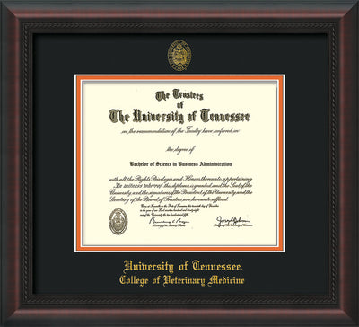Image of University of Tennessee Diploma Frame - Mahogany Braid - w/UT Seal & College of Veterinary Medicine Name Embossing - Black on Orange Mat