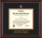 Image of University of Tennessee Diploma Frame - Mahogany Lacquer - w/UT Seal & College of Veterinary Medicine Name Embossing - Black on Orange Mat