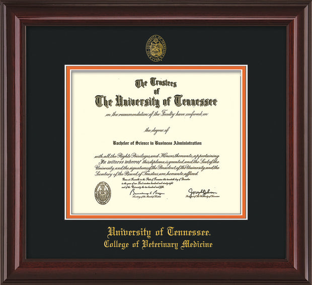Image of University of Tennessee Diploma Frame - Mahogany Lacquer - w/UT Seal & College of Veterinary Medicine Name Embossing - Black on Orange Mat