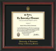 Image of University of Tennessee Diploma Frame - Rosewood - w/UT Seal & College of Veterinary Medicine Name Embossing - Black on Gold Mat