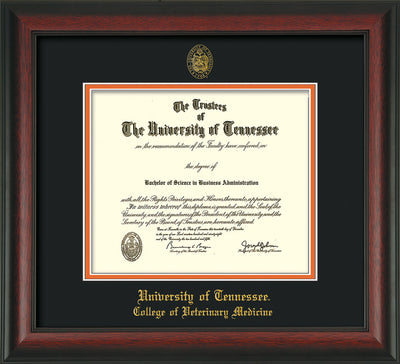 Image of University of Tennessee Diploma Frame - Rosewood - w/UT Seal & College of Veterinary Medicine Name Embossing - Black on Orange Mat