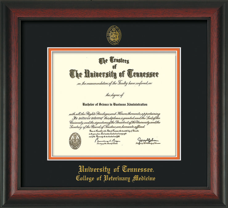Image of University of Tennessee Diploma Frame - Rosewood - w/UT Seal & College of Veterinary Medicine Name Embossing - Black on Orange Mat