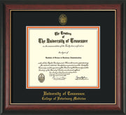 Image of University of Tennessee Diploma Frame - Rosewood w/Gold Lip - w/UT Seal & College of Veterinary Medicine Name Embossing - Black on Orange Mat