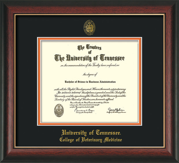 Image of University of Tennessee Diploma Frame - Rosewood w/Gold Lip - w/UT Seal & College of Veterinary Medicine Name Embossing - Black on Orange Mat