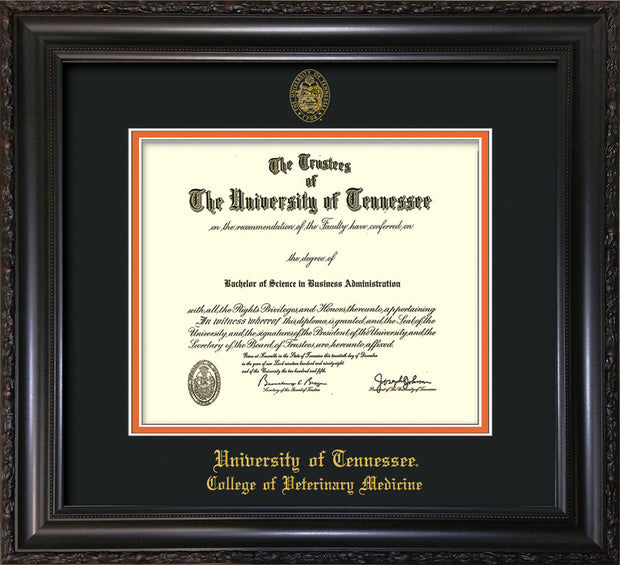 Image of University of Tennessee Diploma Frame - Vintage Black Scoop - w/UT Seal & College of Veterinary Medicine Name Embossing - Black on Orange Mat