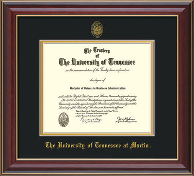 Image of University of Tennessee Martin Diploma Frame - Cherry Lacquer - w/UT Embossed Seal & UT Martin Name - Black on Gold Mat