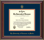 Image of University of Tennessee Martin Diploma Frame - Cherry Lacquer - w/UT Embossed Seal & UT Martin Name - Navy on Orange Mat