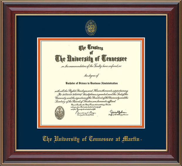 Image of University of Tennessee Martin Diploma Frame - Cherry Lacquer - w/UT Embossed Seal & UT Martin Name - Navy on Orange Mat