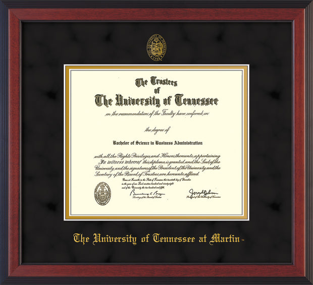 Image of University of Tennessee Martin Diploma Frame - Cherry Reverse - w/UT Embossed Seal & UT Martin Name - Black Suede on Gold Mat
