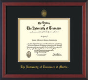 Image of University of Tennessee Martin Diploma Frame - Cherry Reverse - w/UT Embossed Seal & UT Martin Name - Black on Gold Mat