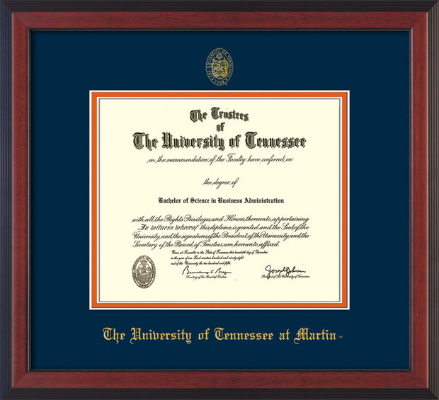 Image of University of Tennessee Martin Diploma Frame - Cherry Reverse - w/UT Embossed Seal & UT Martin Name - Navy on Orange Mat