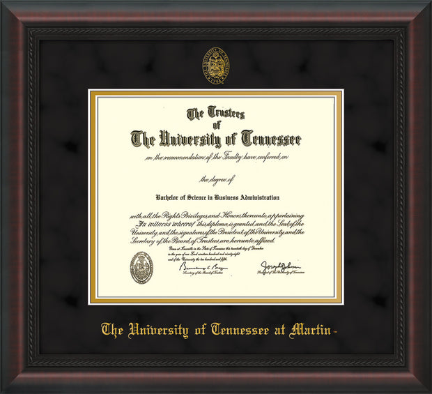Image of University of Tennessee Martin Diploma Frame - Mahogany Braid - w/UT Embossed Seal & UT Martin Name - Black Suede on Gold Mat