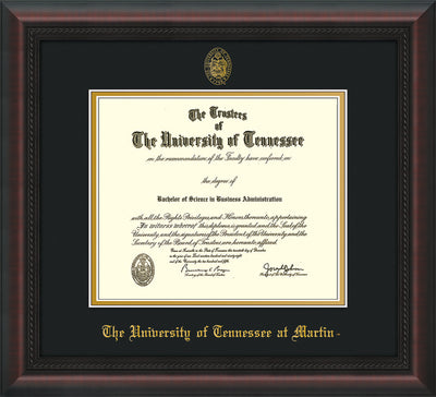 Image of University of Tennessee Martin Diploma Frame - Mahogany Braid - w/UT Embossed Seal & UT Martin Name - Black on Gold Mat