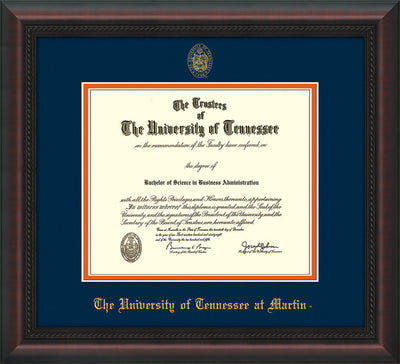 Image of University of Tennessee Martin Diploma Frame - Mahogany Braid - w/UT Embossed Seal & UT Martin Name - Navy on Orange Mat