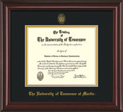 Image of University of Tennessee Martin Diploma Frame - Mahogany Lacquer - w/UT Embossed Seal & UT Martin Name - Black on Gold Mat