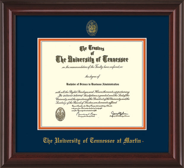 Image of University of Tennessee Martin Diploma Frame - Mahogany Lacquer - w/UT Embossed Seal & UT Martin Name - Navy on Orange Mat