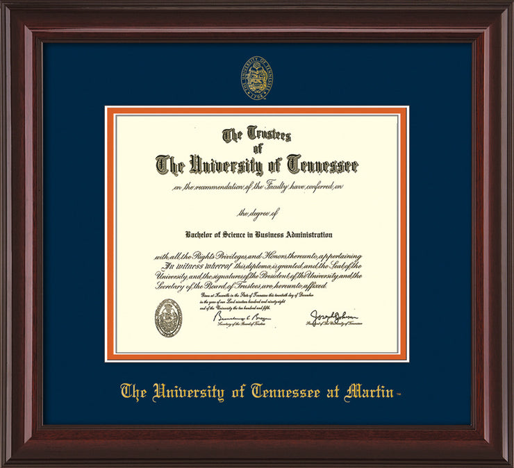 Image of University of Tennessee Martin Diploma Frame - Mahogany Lacquer - w/UT Embossed Seal & UT Martin Name - Navy on Orange Mat