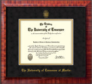 Image of University of Tennessee Martin Diploma Frame - Mezzo Gloss - w/UT Embossed Seal & UT Martin Name - Black Suede on Gold Mat