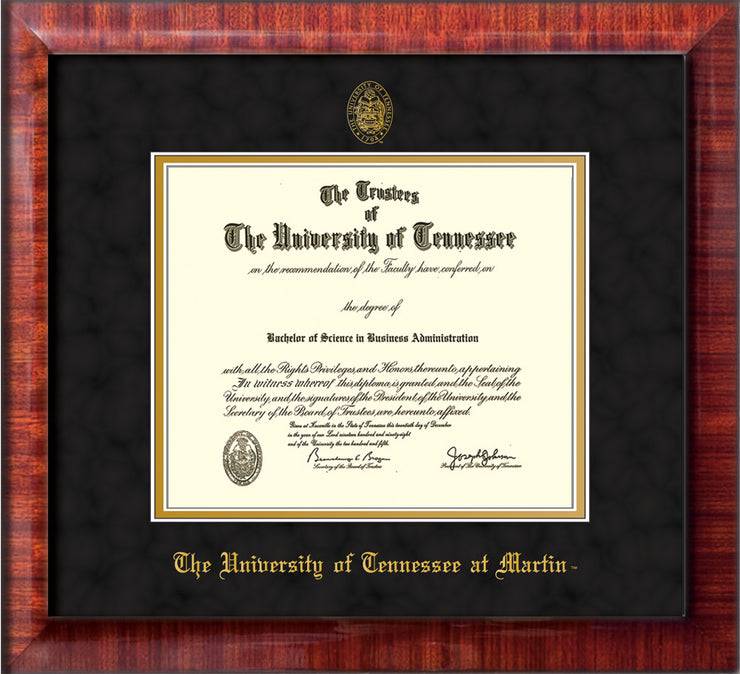 Image of University of Tennessee Martin Diploma Frame - Mezzo Gloss - w/UT Embossed Seal & UT Martin Name - Black Suede on Gold Mat