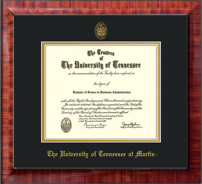Image of University of Tennessee Martin Diploma Frame - Mezzo Gloss - w/UT Embossed Seal & UT Martin Name - Black on Gold Mat