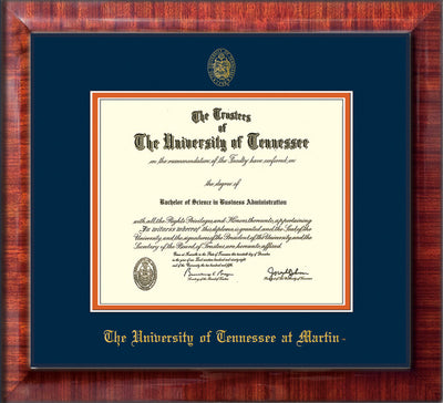 Image of University of Tennessee Martin Diploma Frame - Mezzo Gloss - w/UT Embossed Seal & UT Martin Name - Navy on Orange Mat