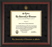 Image of University of Tennessee Martin Diploma Frame - Rosewood - w/UT Embossed Seal & UT Martin Name - Black Suede on Gold Mat