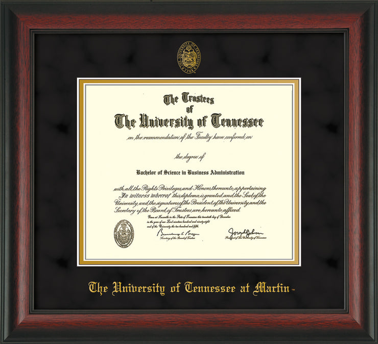 Image of University of Tennessee Martin Diploma Frame - Rosewood - w/UT Embossed Seal & UT Martin Name - Black Suede on Gold Mat