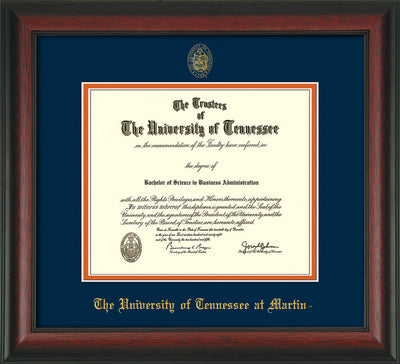 Image of University of Tennessee Martin Diploma Frame - Rosewood - w/UT Embossed Seal & UT Martin Name - Navy on Orange Mat