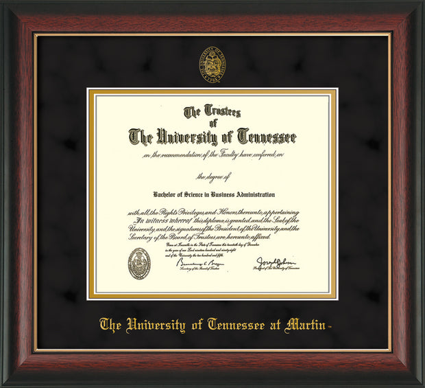 Image of University of Tennessee Martin Diploma Frame - Rosewood w/Gold Lip - w/UT Embossed Seal & UT Martin Name - Black Suede on Gold Mat