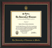 Image of University of Tennessee Martin Diploma Frame - Rosewood w/Gold Lip - w/UT Embossed Seal & UT Martin Name - Black on Gold Mat