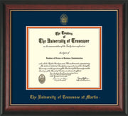 Image of University of Tennessee Martin Diploma Frame - Rosewood w/Gold Lip - w/UT Embossed Seal & UT Martin Name - Navy on Orange Mat