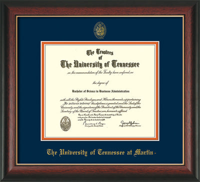Image of University of Tennessee Martin Diploma Frame - Rosewood w/Gold Lip - w/UT Embossed Seal & UT Martin Name - Navy on Orange Mat