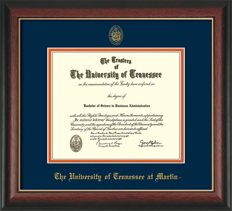 Image of University of Tennessee Martin Diploma Frame - Rosewood w/Gold Lip - w/UT Embossed Seal & UT Martin Name - Navy on Orange Mat