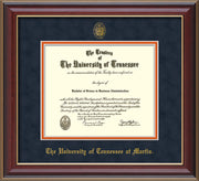 Image of University of Tennessee Martin Diploma Frame - Cherry Lacquer - w/UT Embossed Seal & UT Martin Name - Navy Suede on Orange Mat