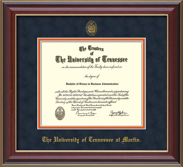 Image of University of Tennessee Martin Diploma Frame - Cherry Lacquer - w/UT Embossed Seal & UT Martin Name - Navy Suede on Orange Mat