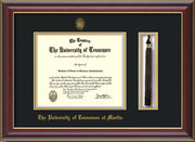 Image of University of Tennessee Martin Diploma Frame - Cherry Lacquer - w/UT Embossed Seal & UT Martin Name - Tassel Holder - Black on Gold Mat