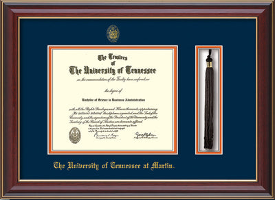Image of University of Tennessee Martin Diploma Frame - Cherry Lacquer - w/UT Embossed Seal & UT Martin Name - Tassel Holder - Navy on Orange Mat