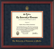 Image of University of Tennessee Martin Diploma Frame - Cherry Reverse - w/UT Embossed Seal & UT Martin Name - Navy Suede on Orange Mat